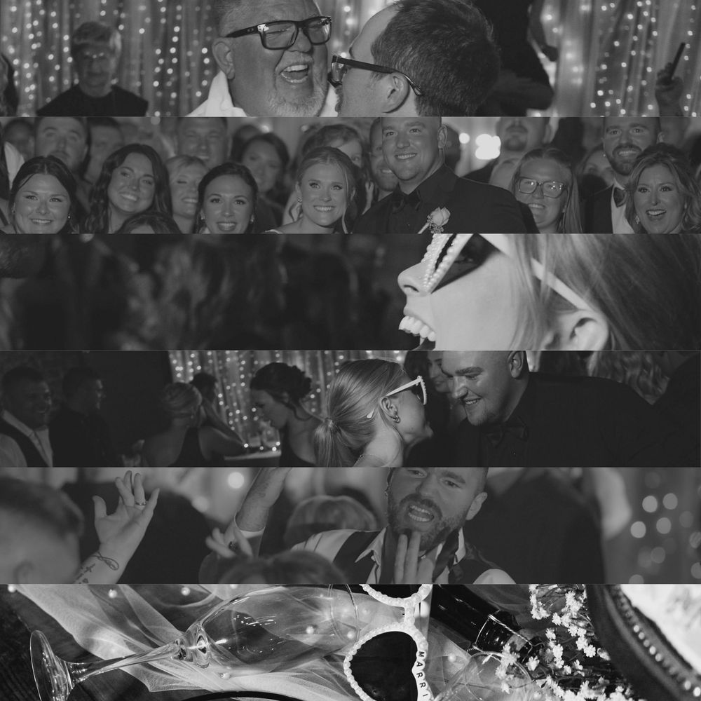 Black and white collage of people dancing and celebrating at what appears to be a party or social gathering.