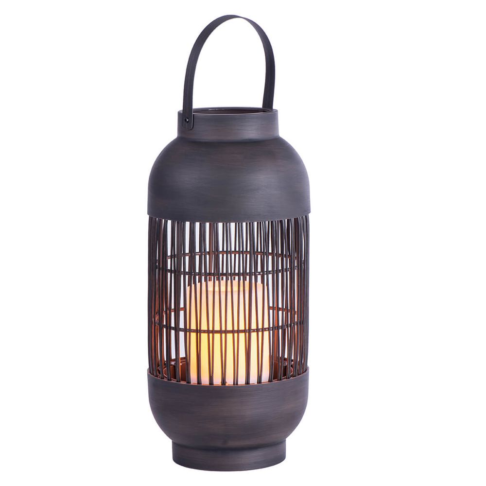 Modern black lantern with bamboo-style slats and warm glowing candle inside.