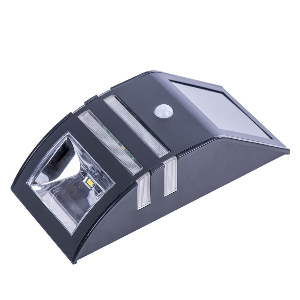 Black outdoor solar motion sensor light fixture shown from different angles.