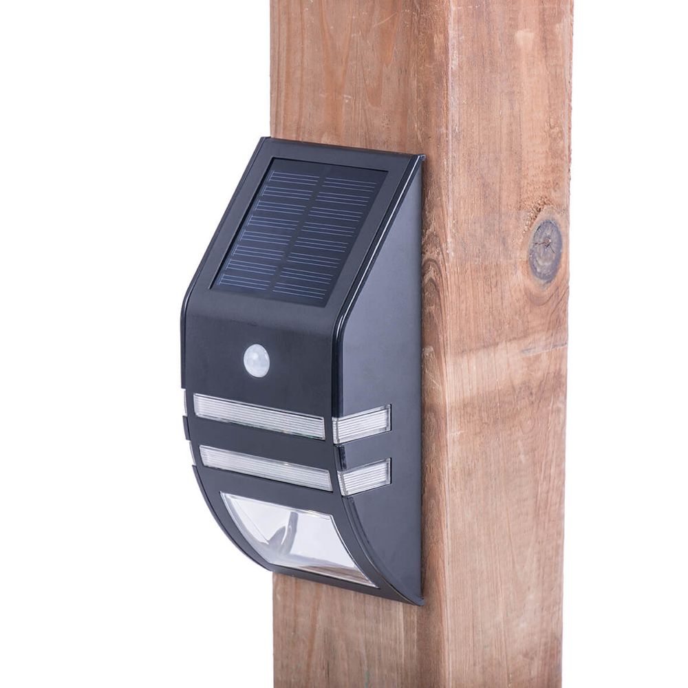 Solar-powered wall light mounted on wooden post shown from multiple views.