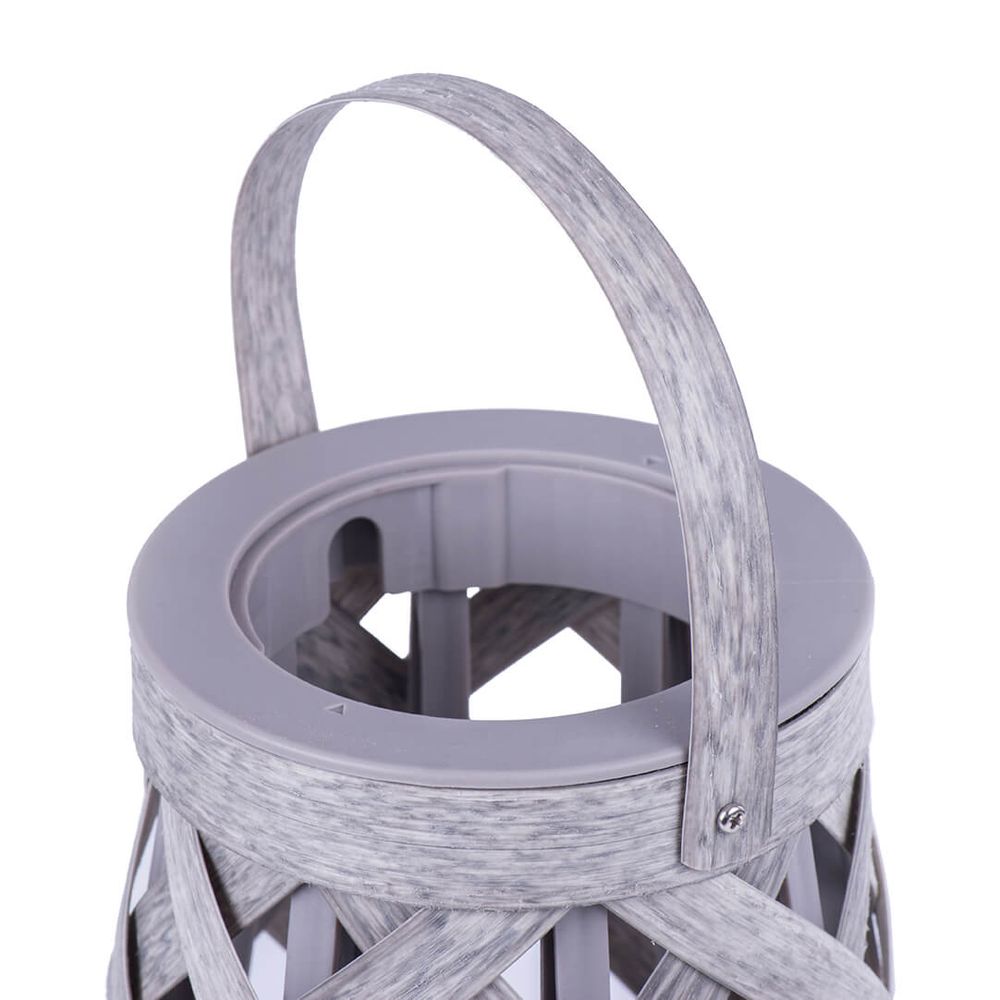 Decorative white lantern with intricate lattice pattern and metallic finish shown from multiple angles.