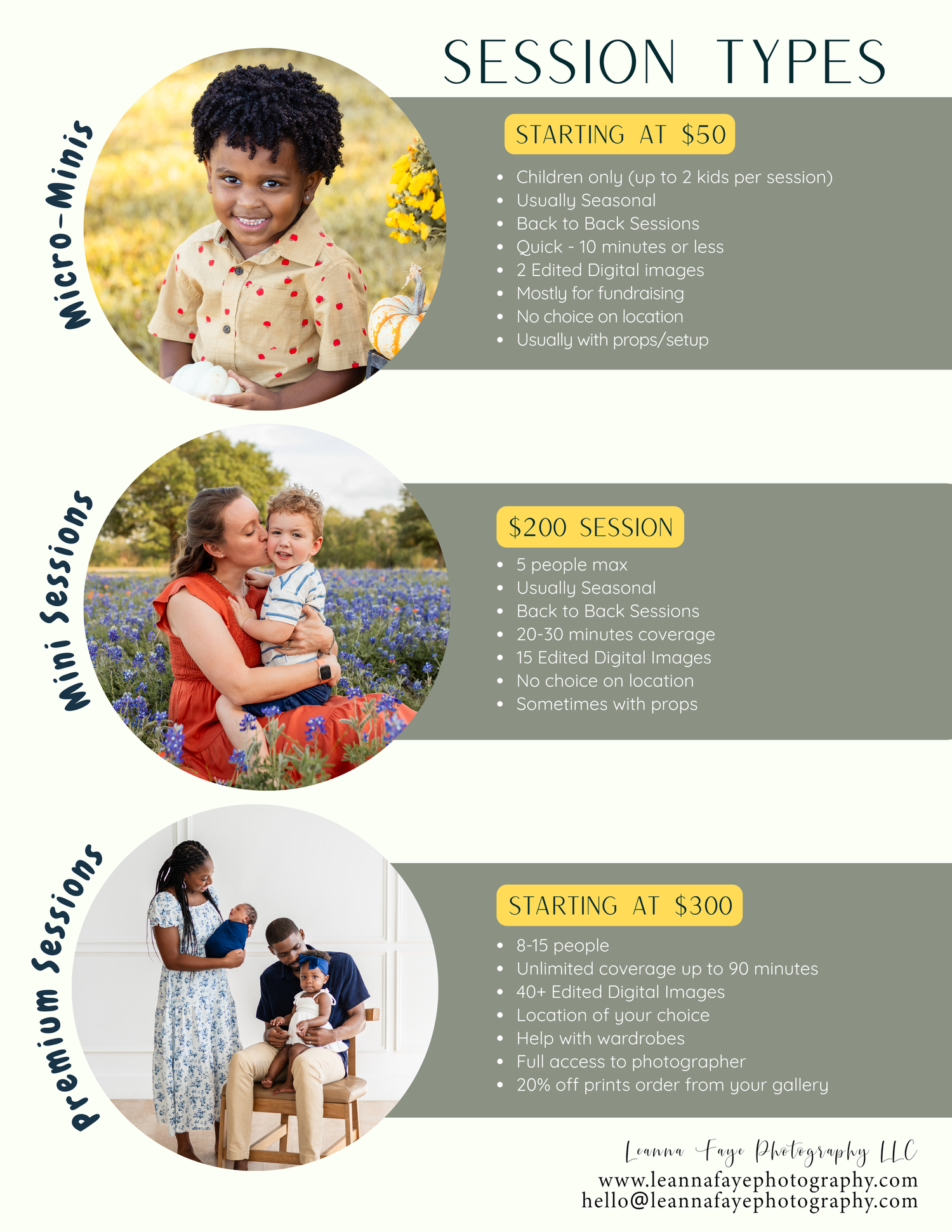 Photography session pricing guide showing different package tiers with circular images and gray text blocks on a neutral background.