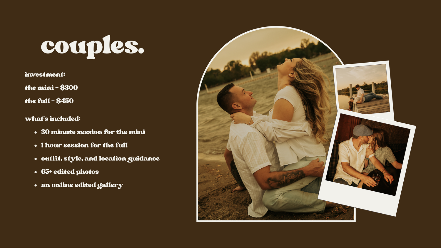 Photography studio website header showcasing wedding and couples photo session services with overlapping images.