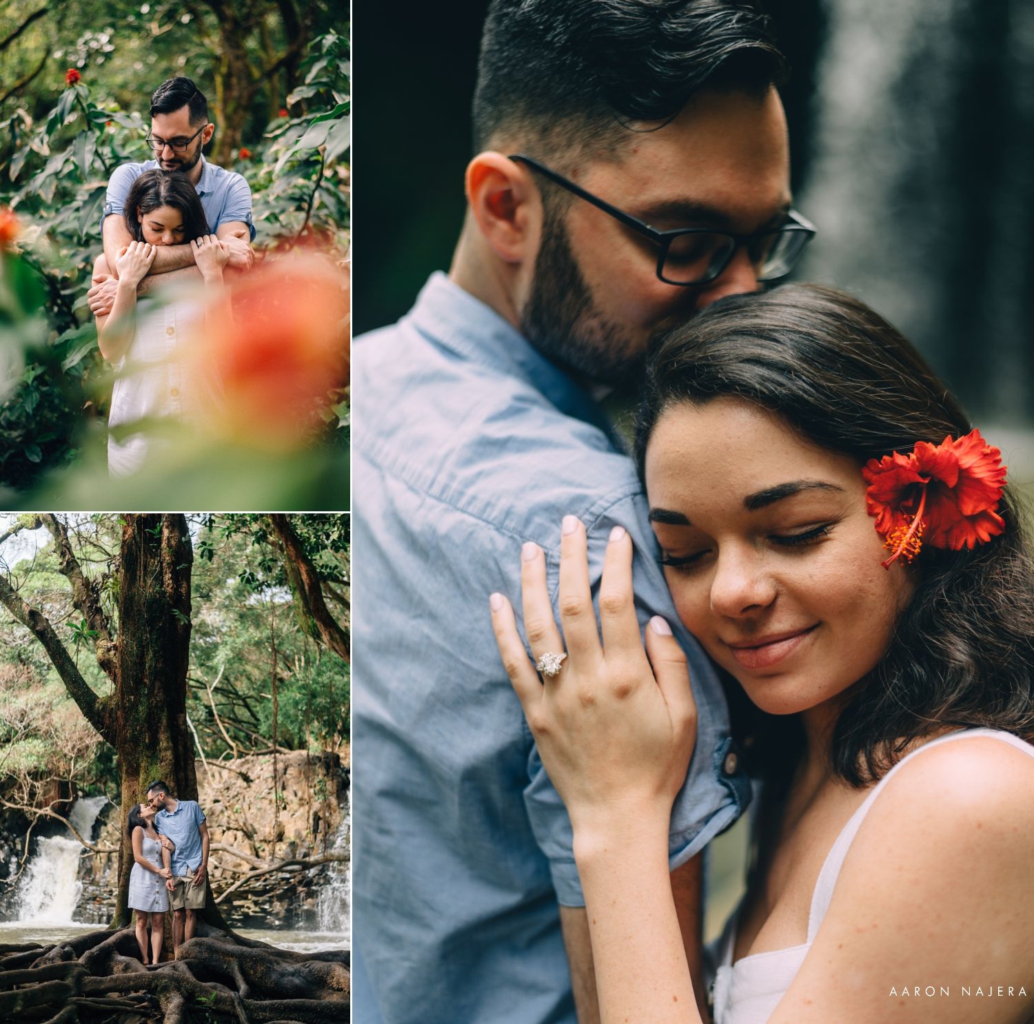 Romantic engagement photo collage in a lush garden setting.