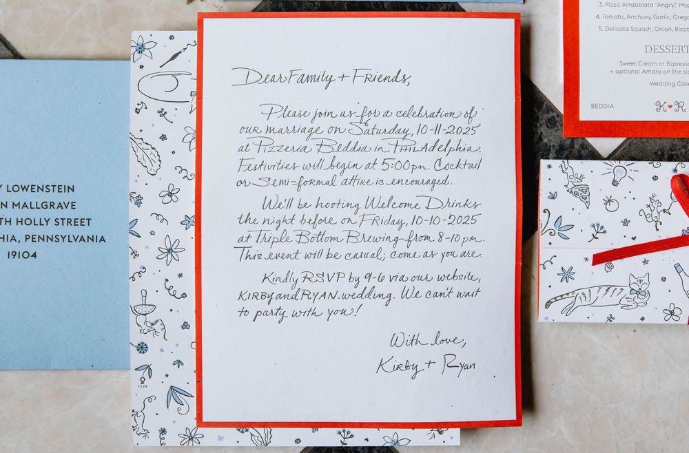 Wedding invitation letter with red border and decorative floral patterns on light background. Pizzeria Beddia Wedding. Fishtown Philadelphia