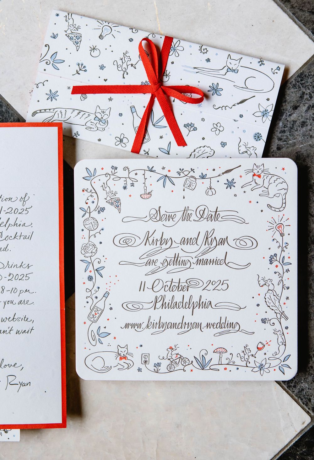 Save the date card with whimsical illustrations and red ribbon. Pizzeria Beddia Wedding. Fishtown Philadelphia, PA.