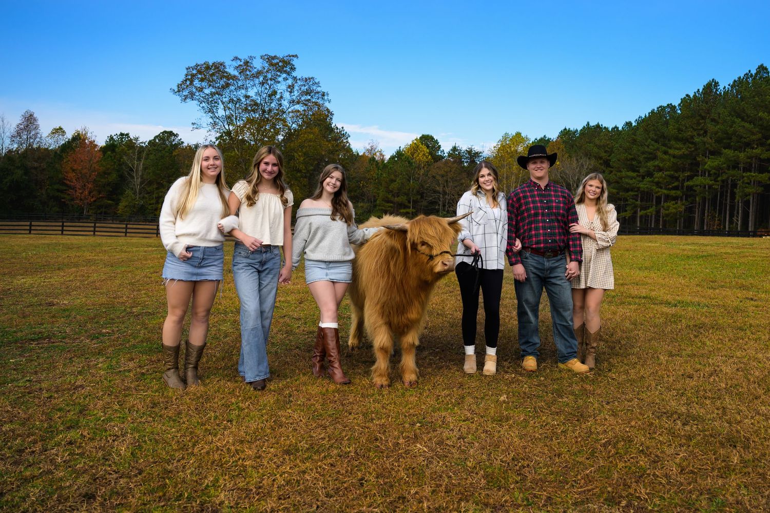 A group stands with a large Highland cow in a grassy field with trees in the background during autumn.