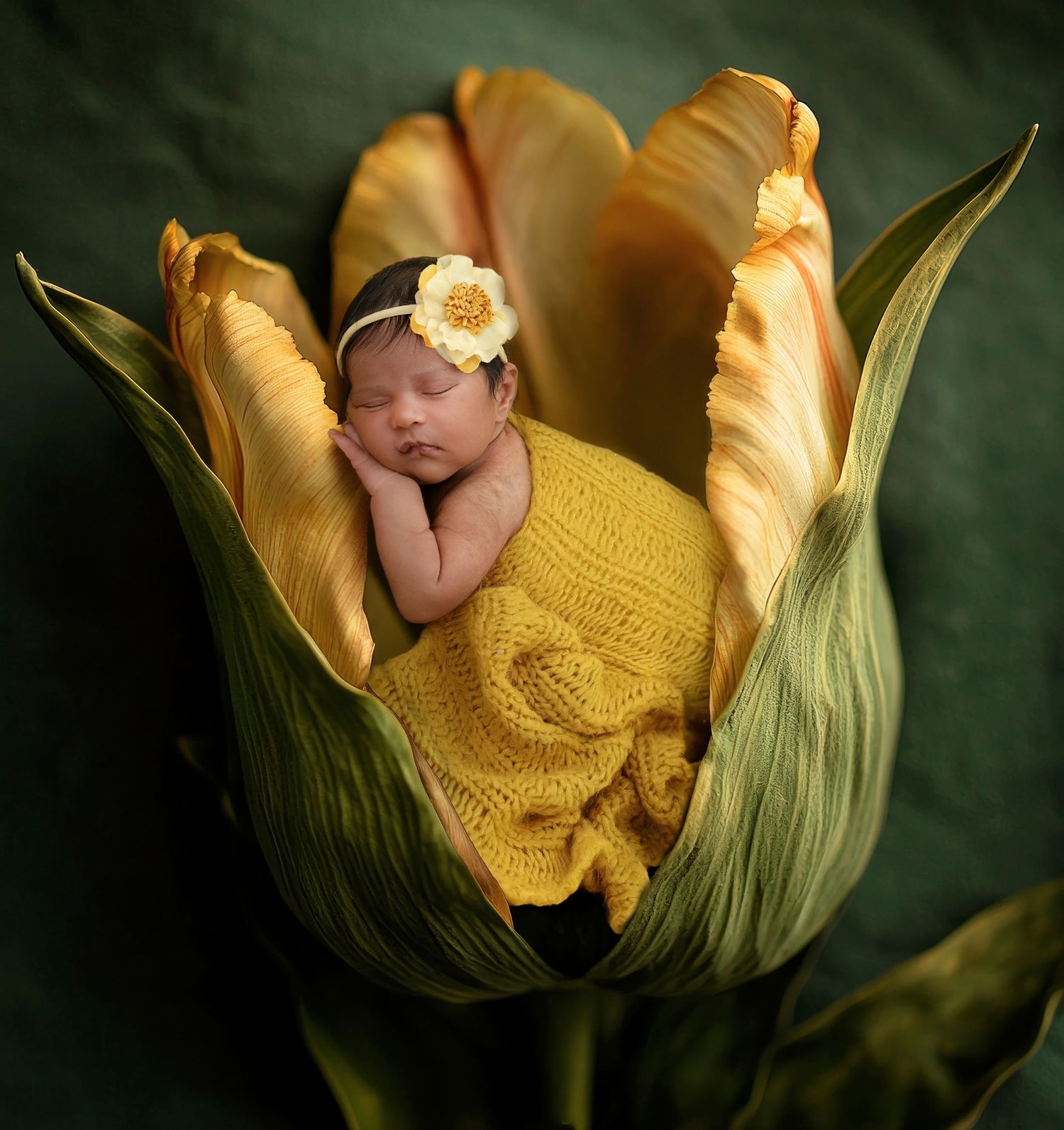 A baby wearing yellow sleeps peacefully nestled inside a large yellow tulip flower against a dark background.