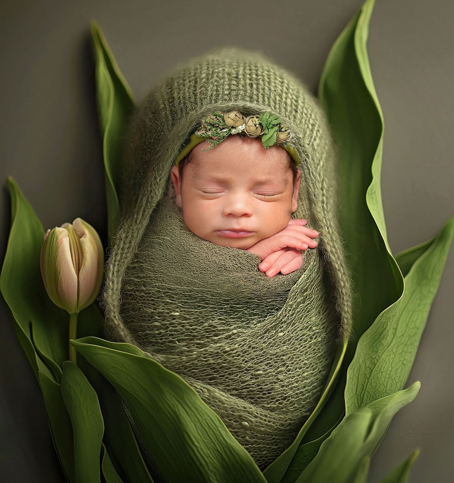 Newborn baby wrapped in sage green knit wrap nestled among green tulips and leaves in artistic photography series.