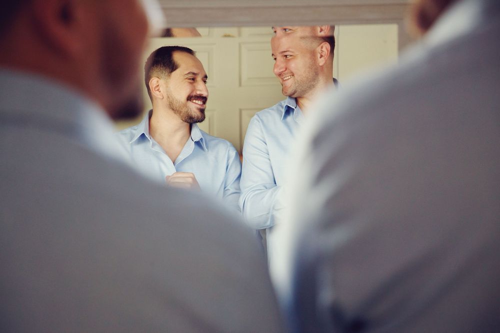 Same-sex wedding couple in Houston sharing an intimate moment