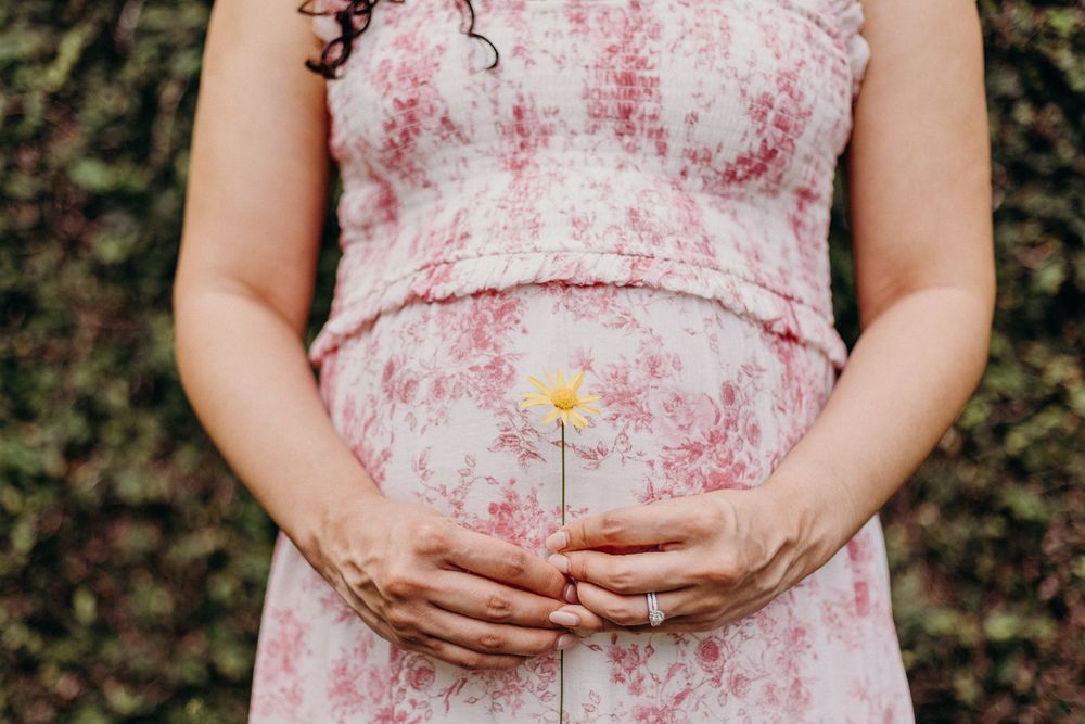 A series of photos showing hands cradling a growing baby bump while wearing a pink and white floral dress.