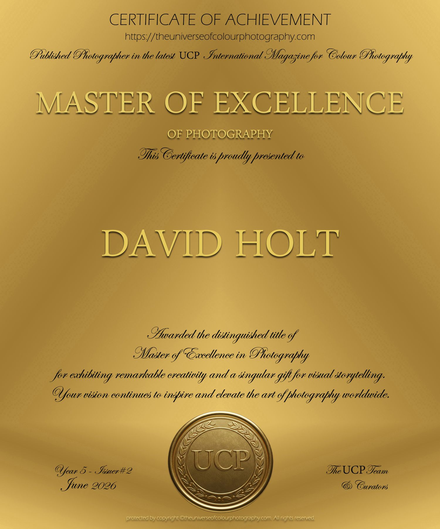 David G Holt Photography - A golden certificate of achievement for Master of Excellence in photography with an embossed seal & elegant text.