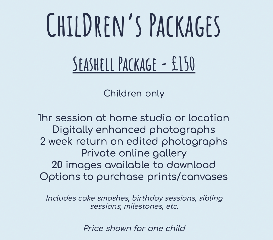 Marketing price list showing details of children's photography Seashell Package for £150 with session details.