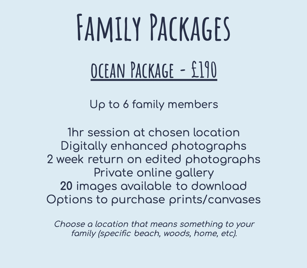 Ocean Package pricing details for family photography sessions with 20 downloadable images for £190.
