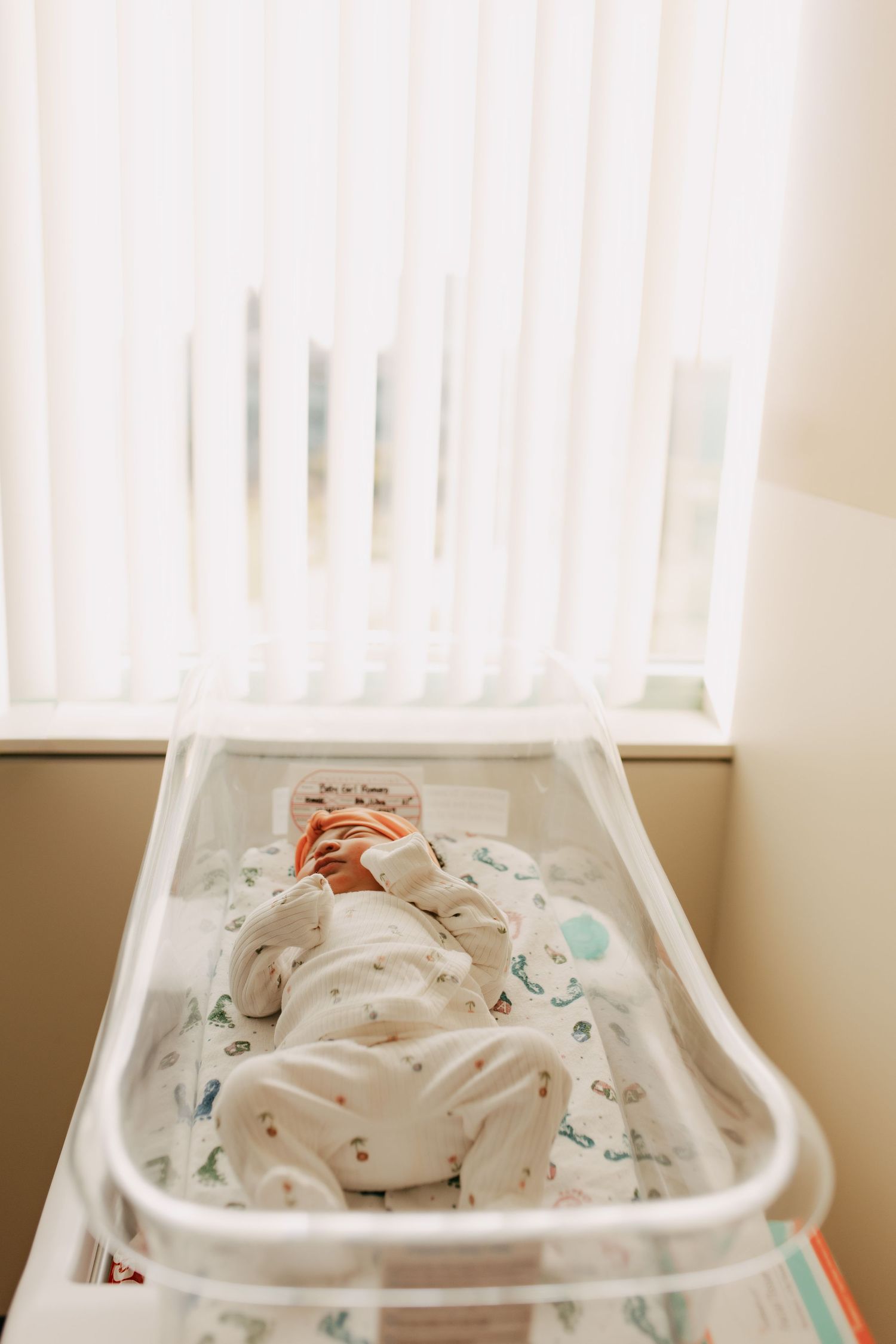 Newborn baby sleeping peacefully in hospital bassinet next to window with vertical blinds.