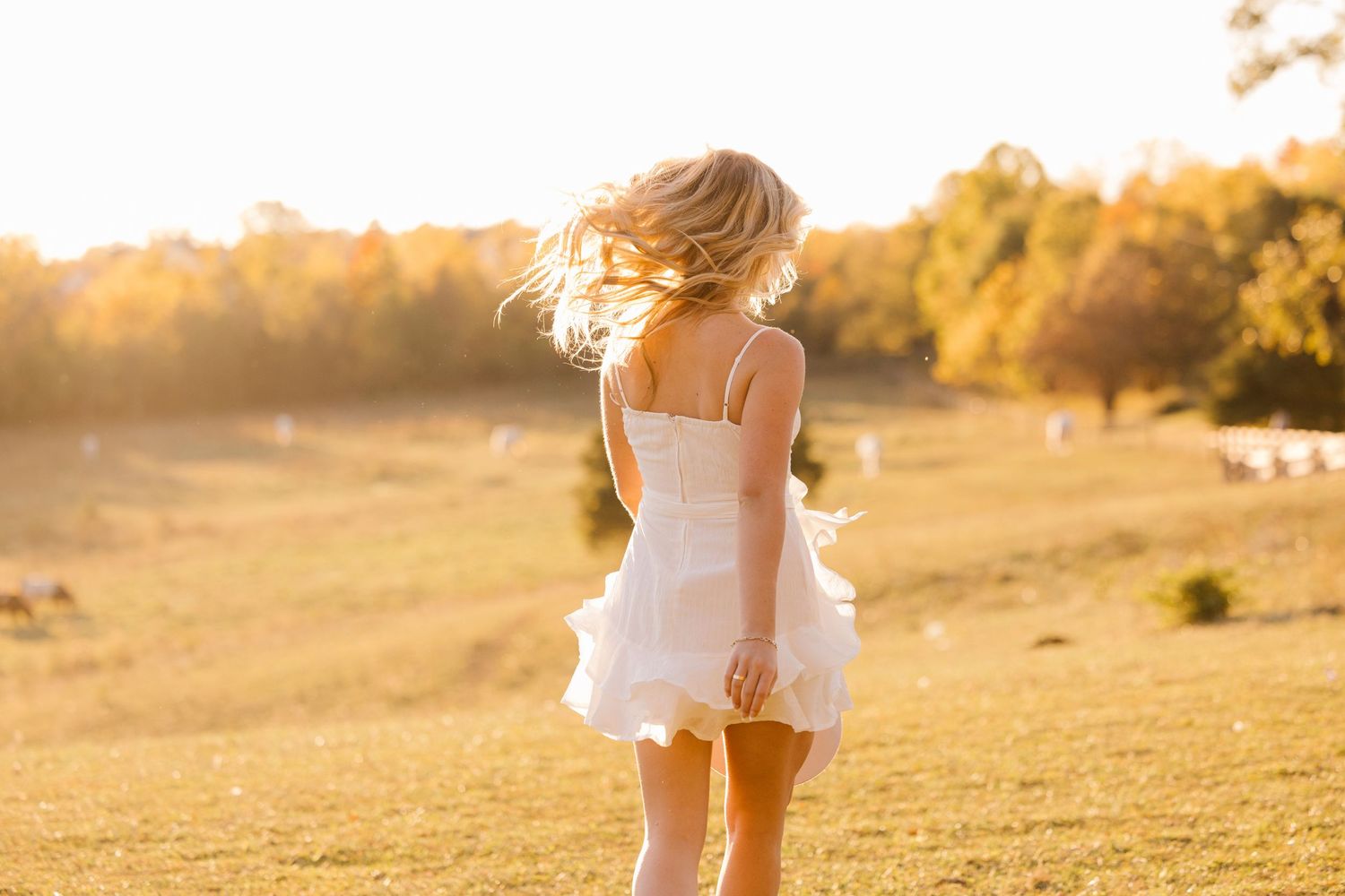 A dreamy sunset photo of a white summer dress flowing in the wind on a golden hillside.