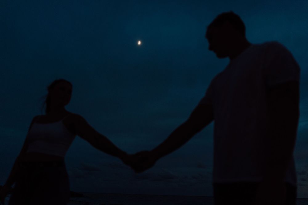 A silhouetted couple holding hands with a dark blue sky and full moon in the background for engagement photoshoot in St. Pete Florida