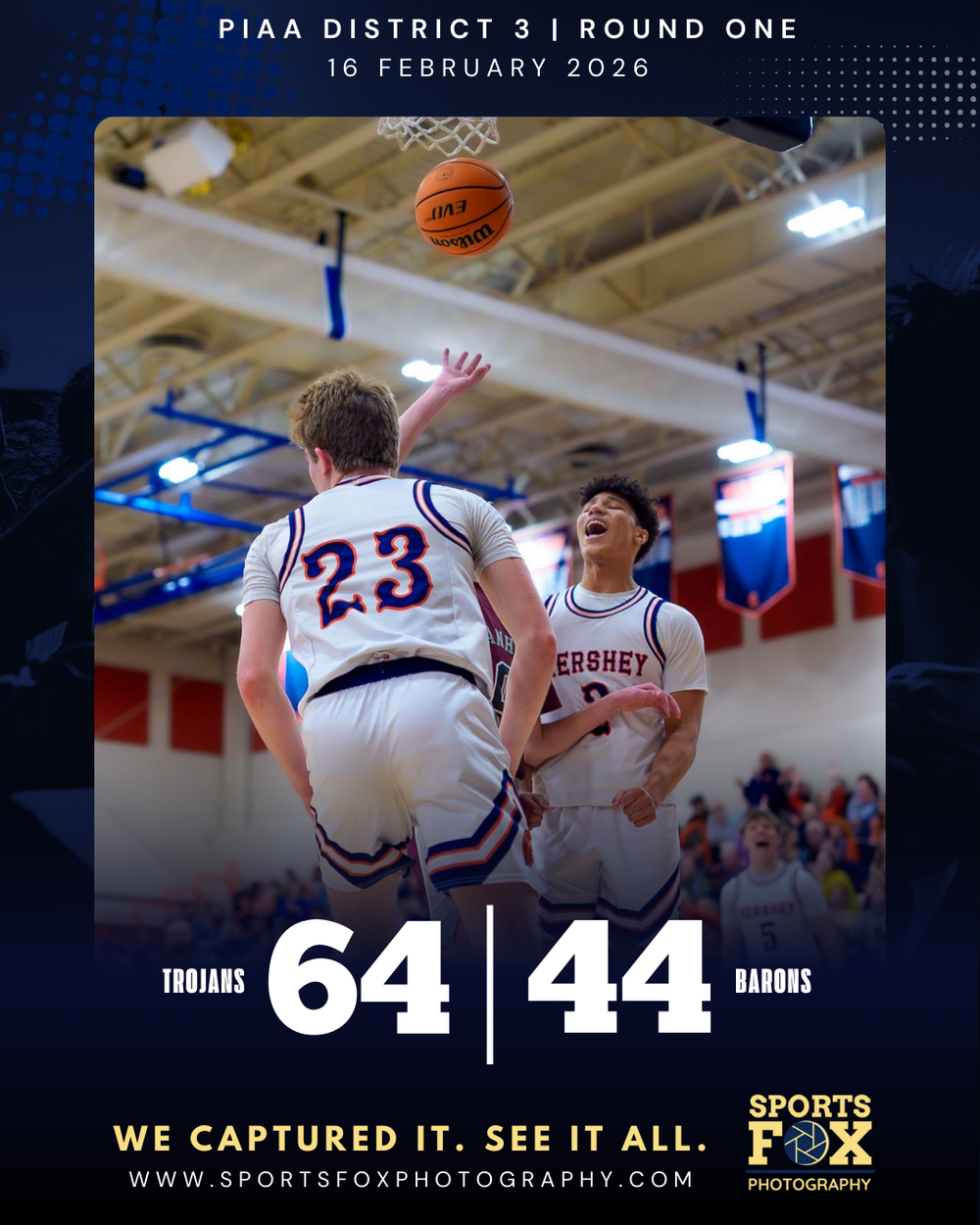Hershey celebrates 64-44 playoff win over Barons, final score graphic by SportsFox Photography, Hershey PA.