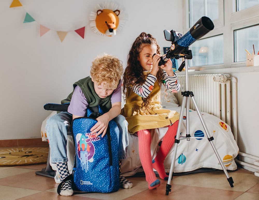 A series of candid moments showing people looking through telescopes and microscopes in a bright indoor setting.