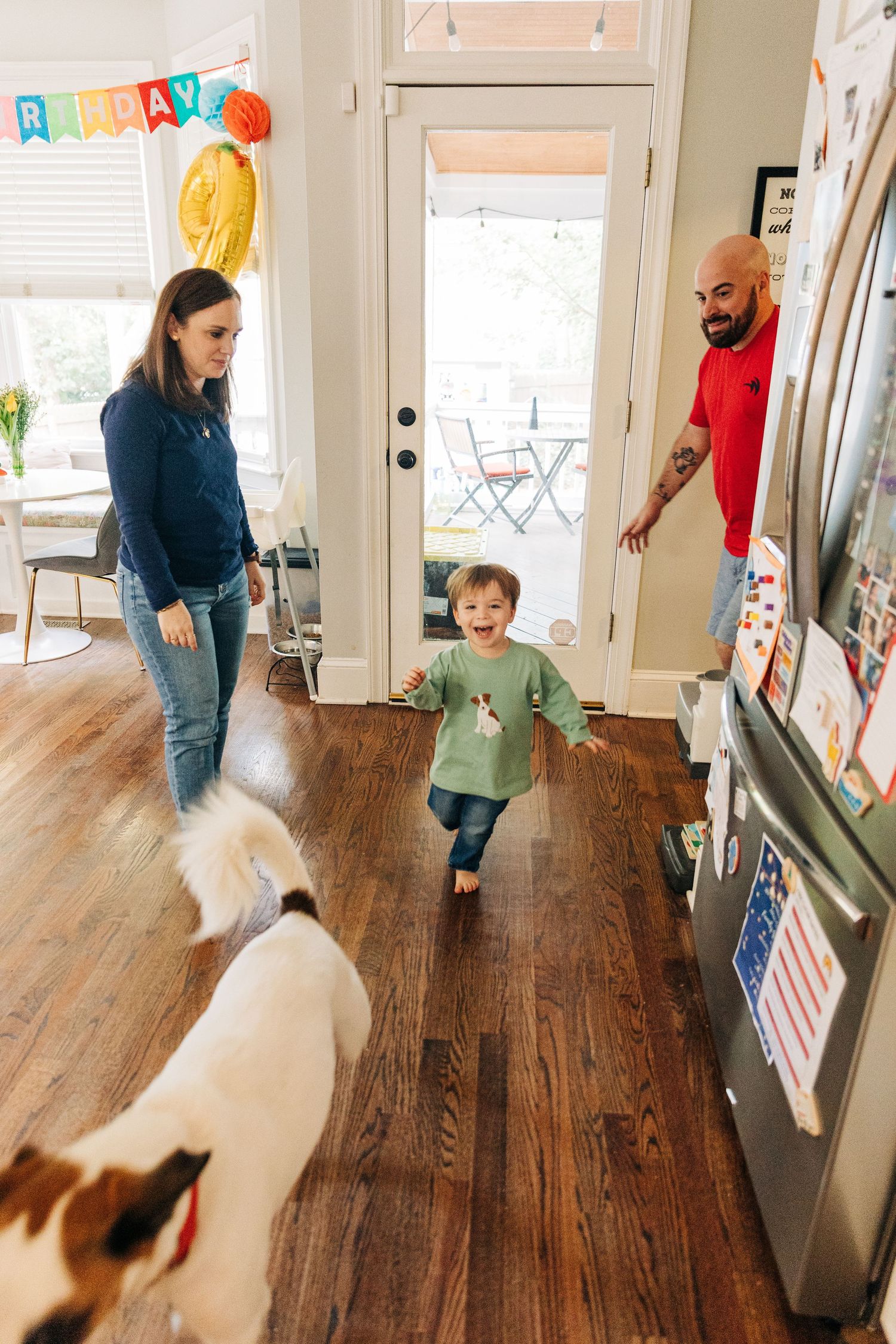 A white and brown dog runs excitedly on hardwood floors while people stand in a bright home interior.
