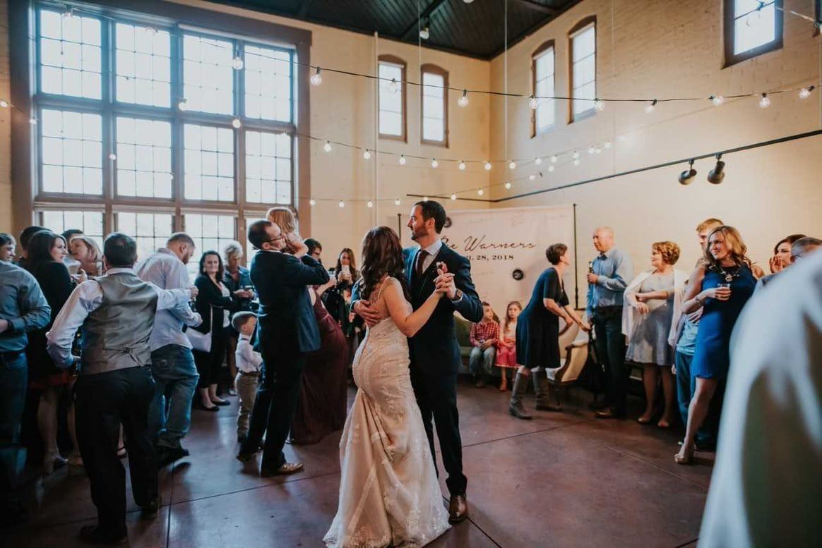People dancing in a historic wedding venue in Indianapolis
