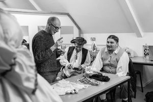 black and white image of behind the scenes of a theatre show in brighton of treasure island. Southwick players