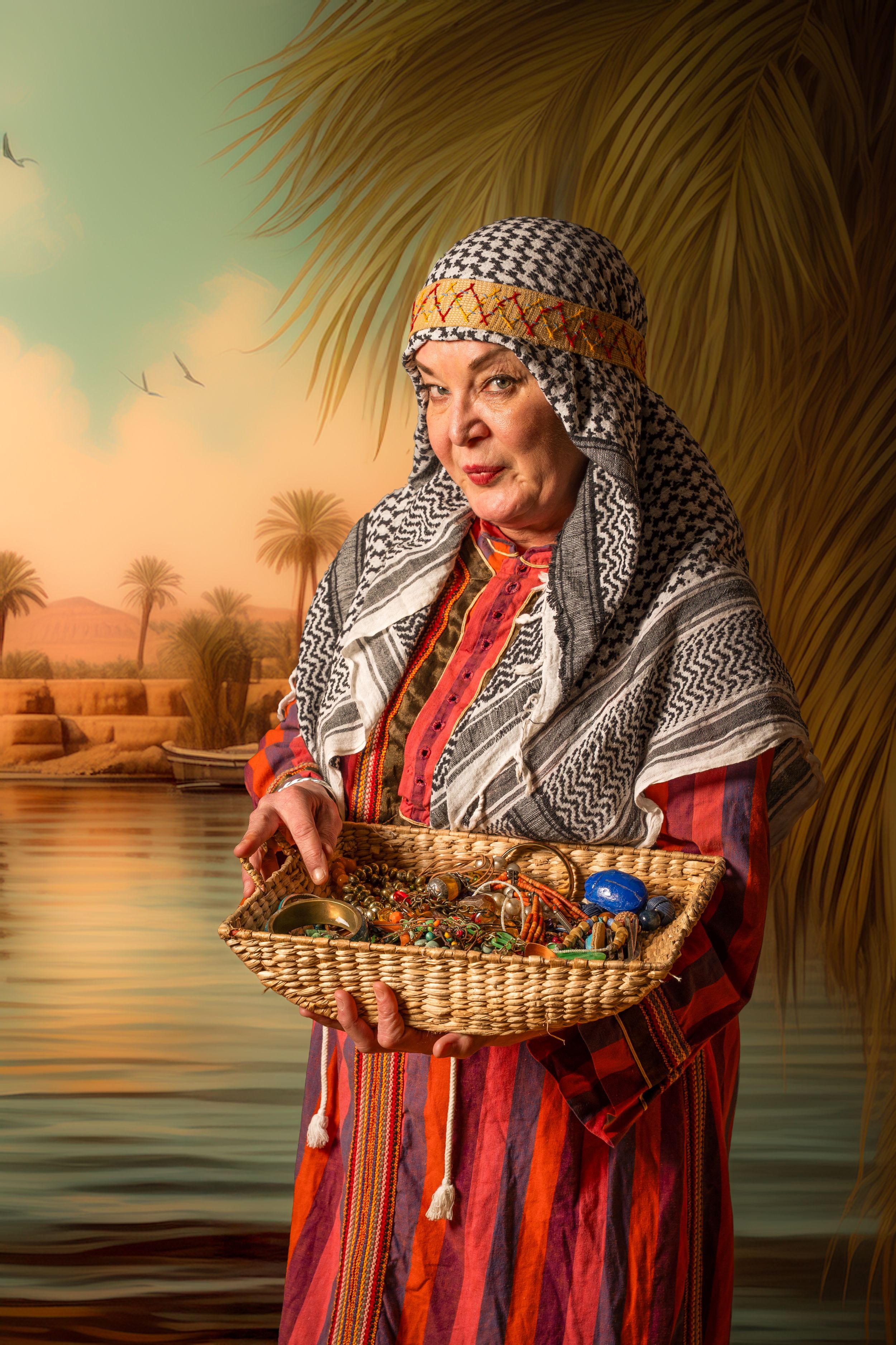 theatre photography promotion shoot of murder on the nile a woman dressed in Egyptian costume holds basket of jewellery against a palm tree