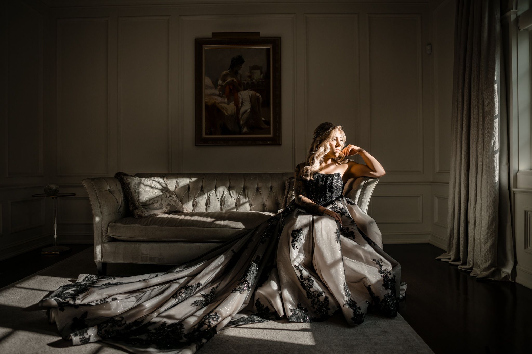 Moody wedding photography sequence in a dimly lit room with dramatic shadows.