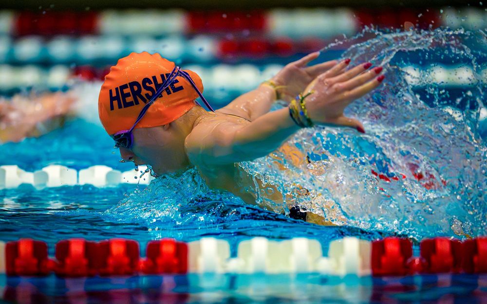 Hershey swimmer in orange cap swimming freestyle, arm extended, during the Hershey vs. Cumberland Valley swim meet.