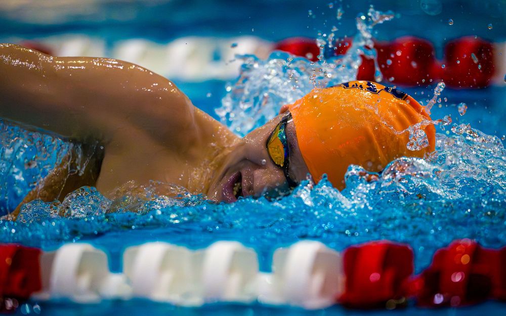 Hershey High School swimmer in orange cap swimming freestyle, head above water, at the Keystone swim meet.