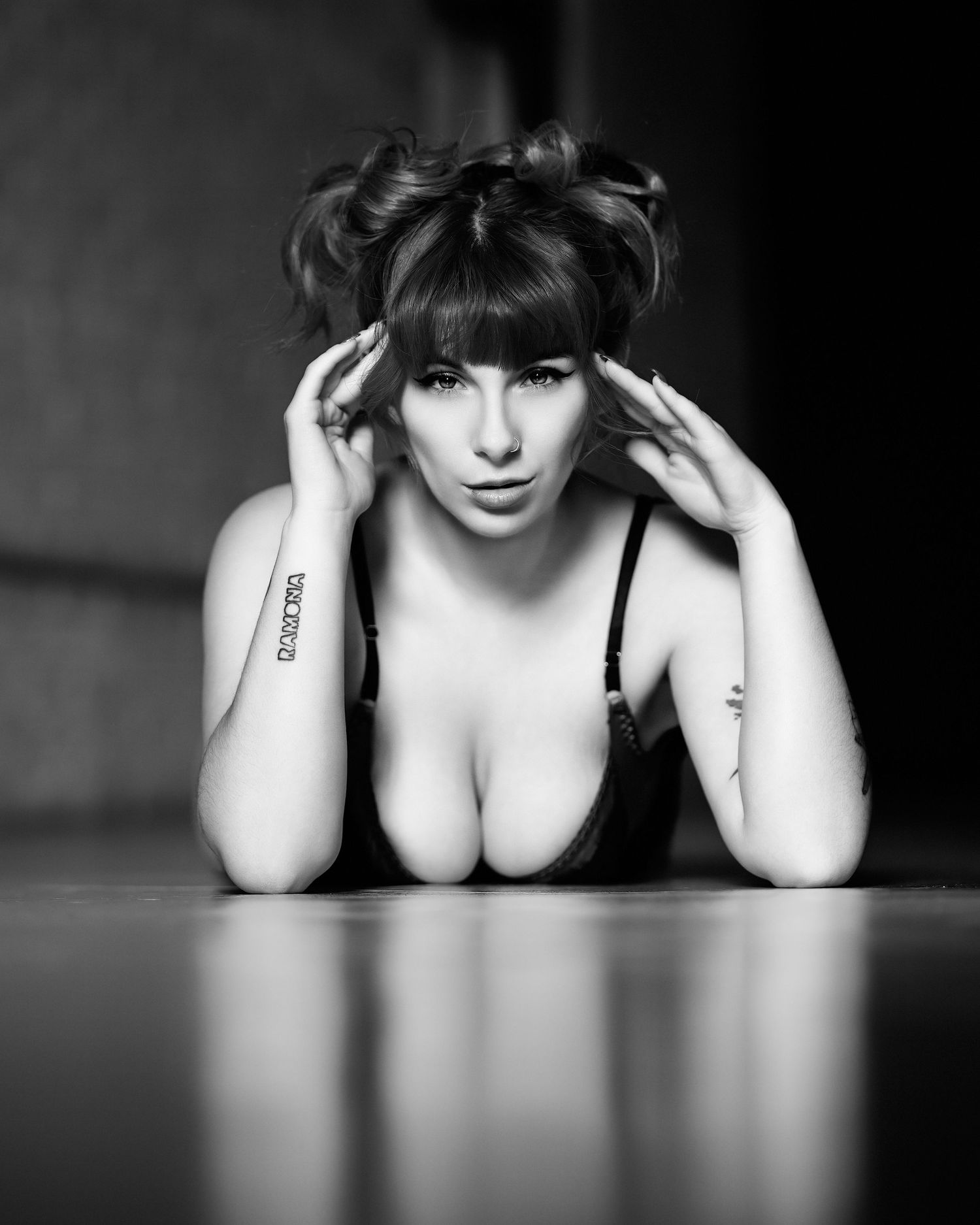 David G Holt Photography - Artistic black and white portrait partially obscured by sheer white fabric.