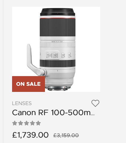 Canon RF 100-500mm telephoto zoom lens product listing showing sale price of £1,739 reduced from £3,159.