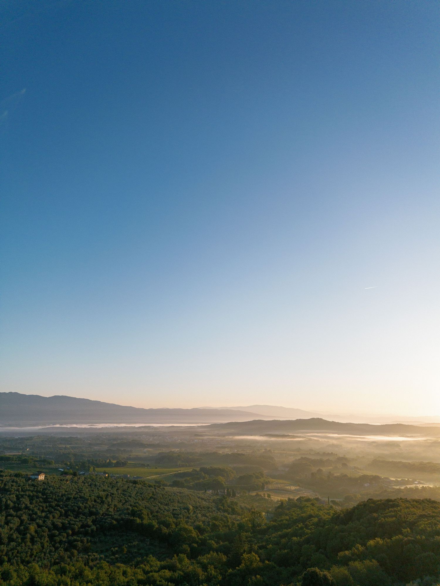 Panoramic mountain landscape at sunrise with rolling hills and valleys covered in morning mist stretching to the horizon.