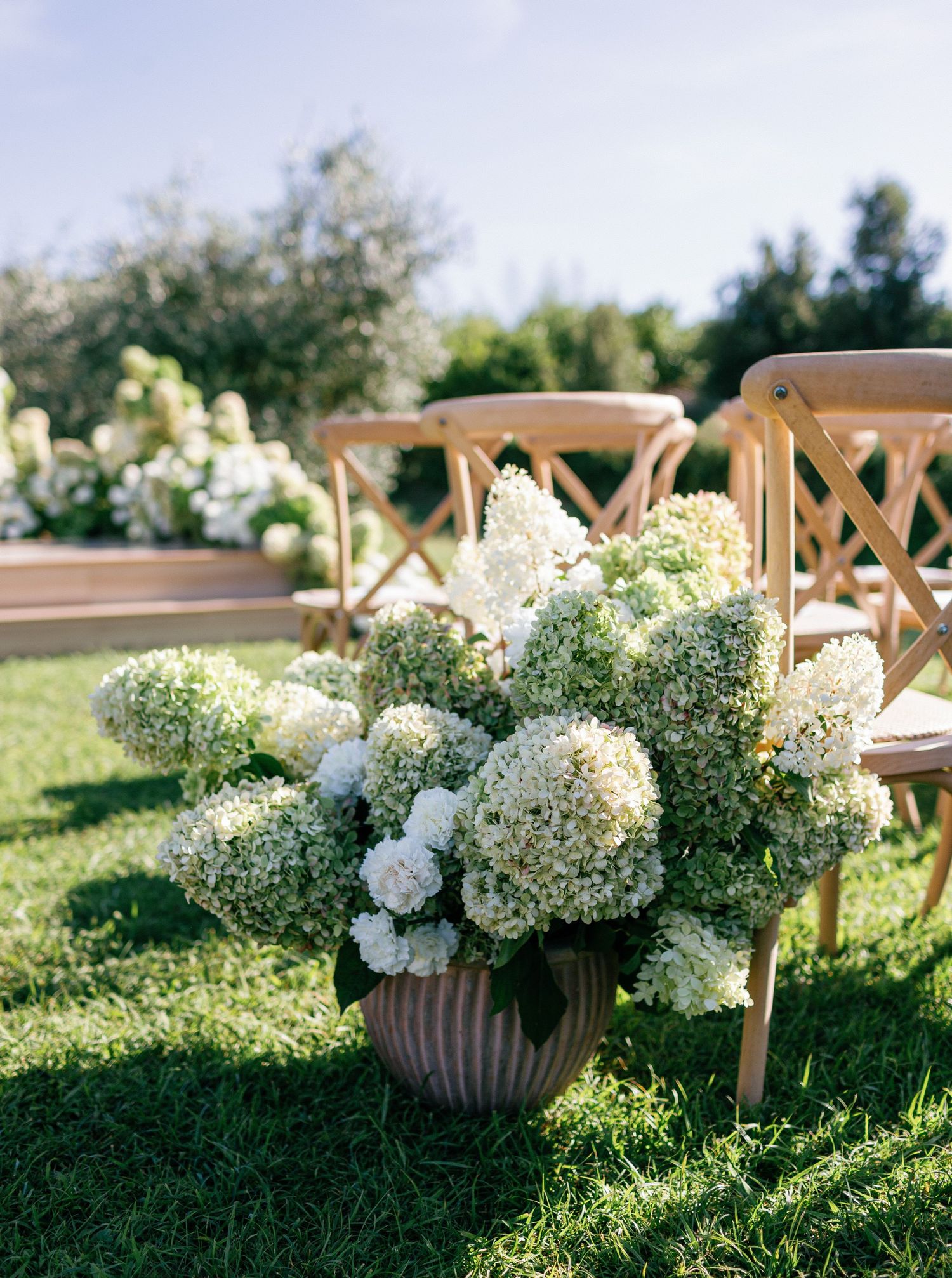 Elegant outdoor wedding ceremony setup with wooden cross-back chairs and lush white hydrangea floral arrangements on grass.