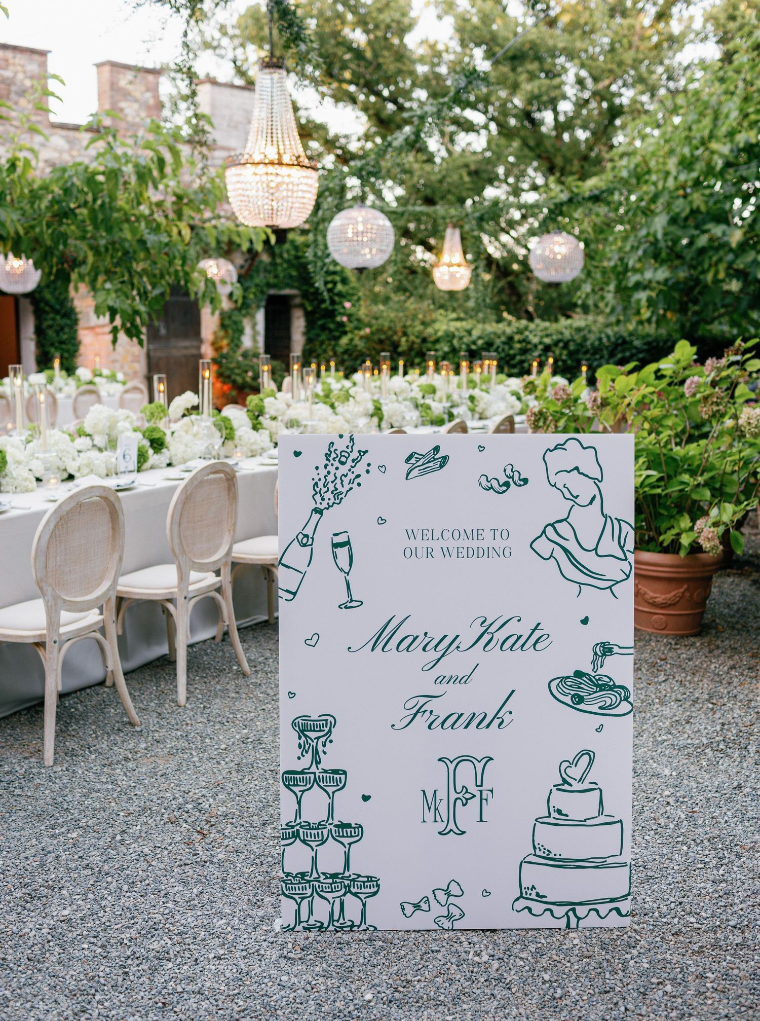 Elegant outdoor wedding reception setup with white chairs and hanging lanterns under trees at dusk.