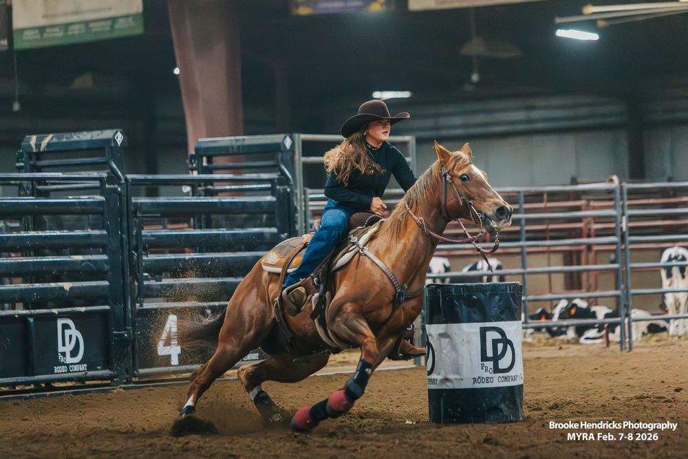 A sequence of action shots showing a cowboy competing in a barrel racing event at a rodeo arena.