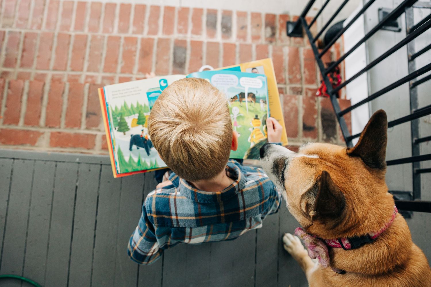 A young boy reads a book outside with his dog looking over his head.