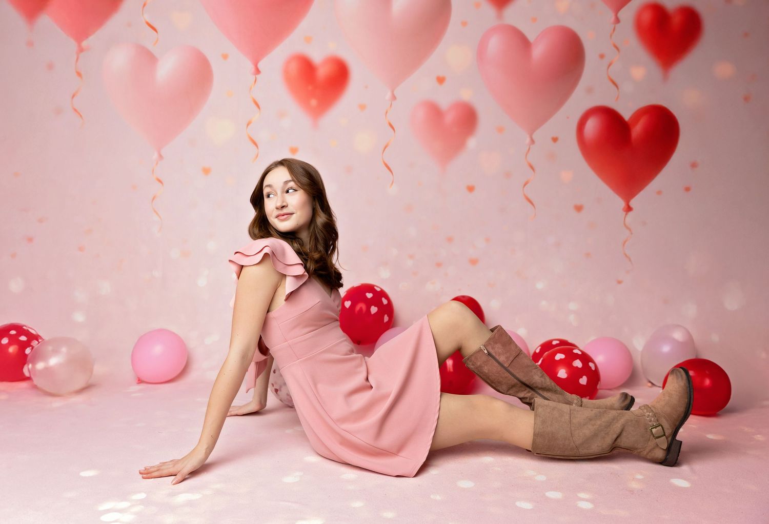 Senior laying on floor with heart balloons studio photos NH