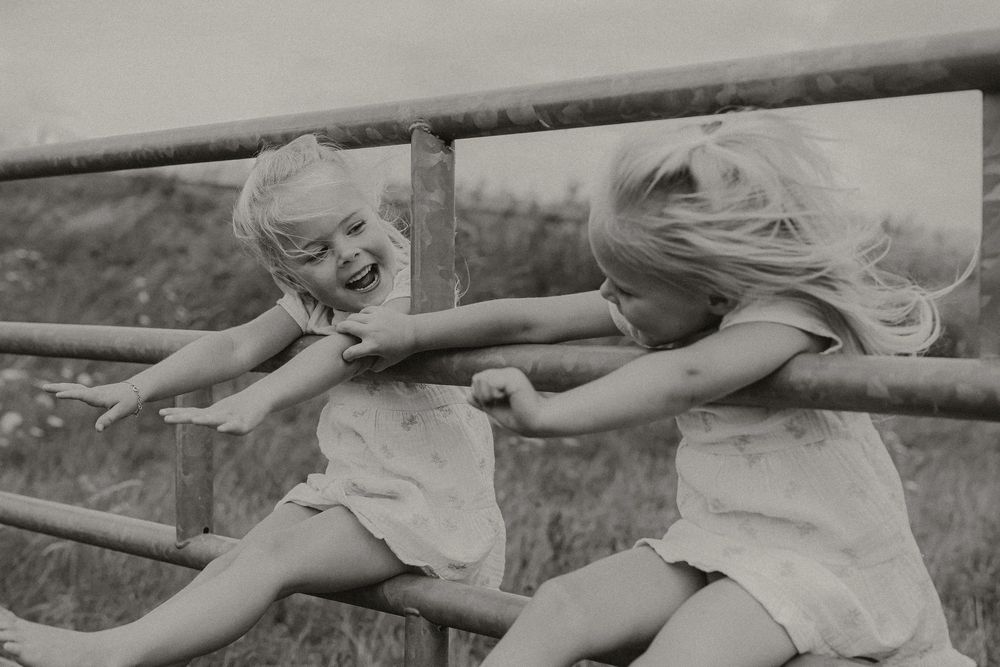 Two blonde girls playing on a wooden fence in a black and white photo, laughing and reaching toward each other.