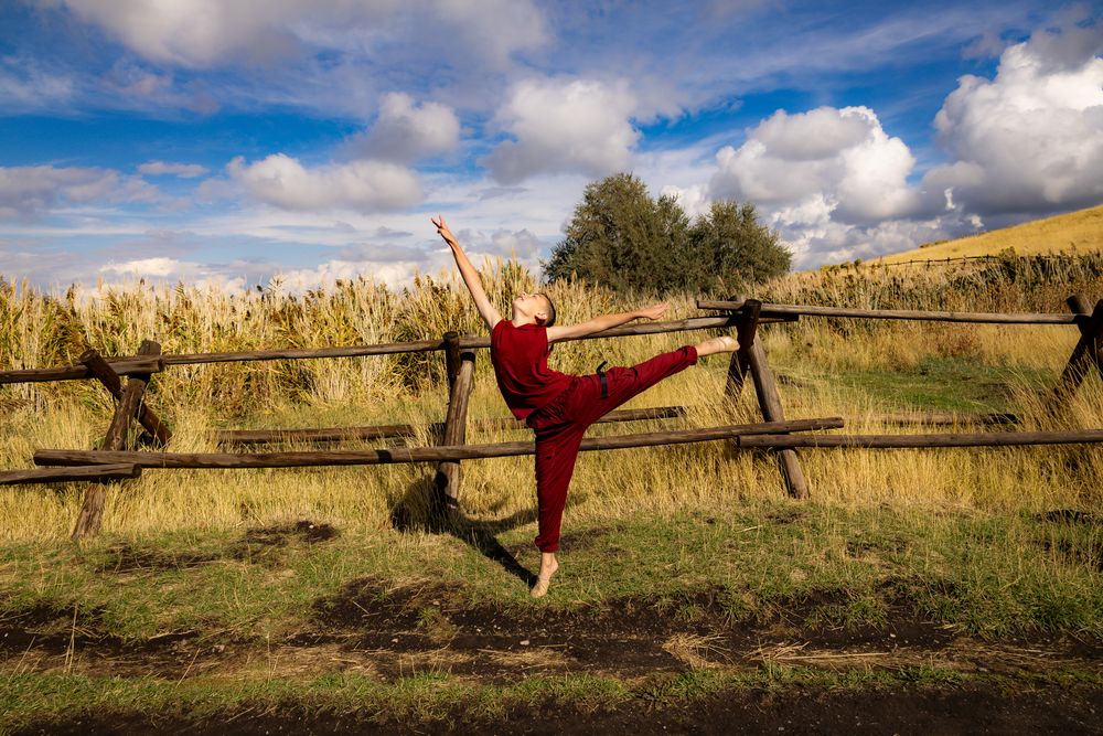 Series of martial arts poses photographed against scenic mountain grassland.