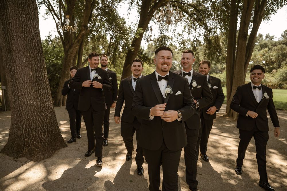 Groomsmen walking together outdoors on a tree-lined path in black tuxedos on a sunny wedding day.