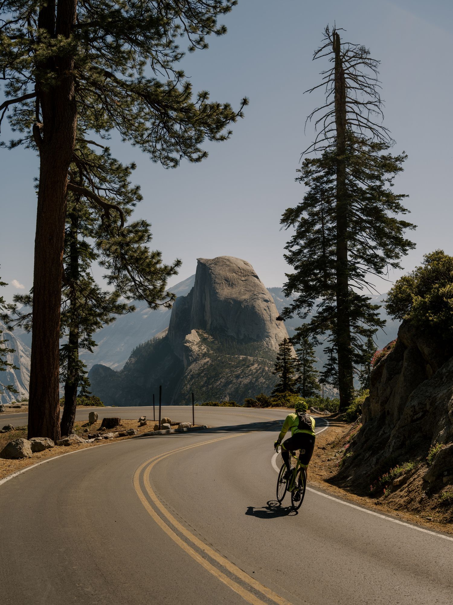 Cyclist rides on winding road with Half Dome peak looming in Yosemite National Park.
