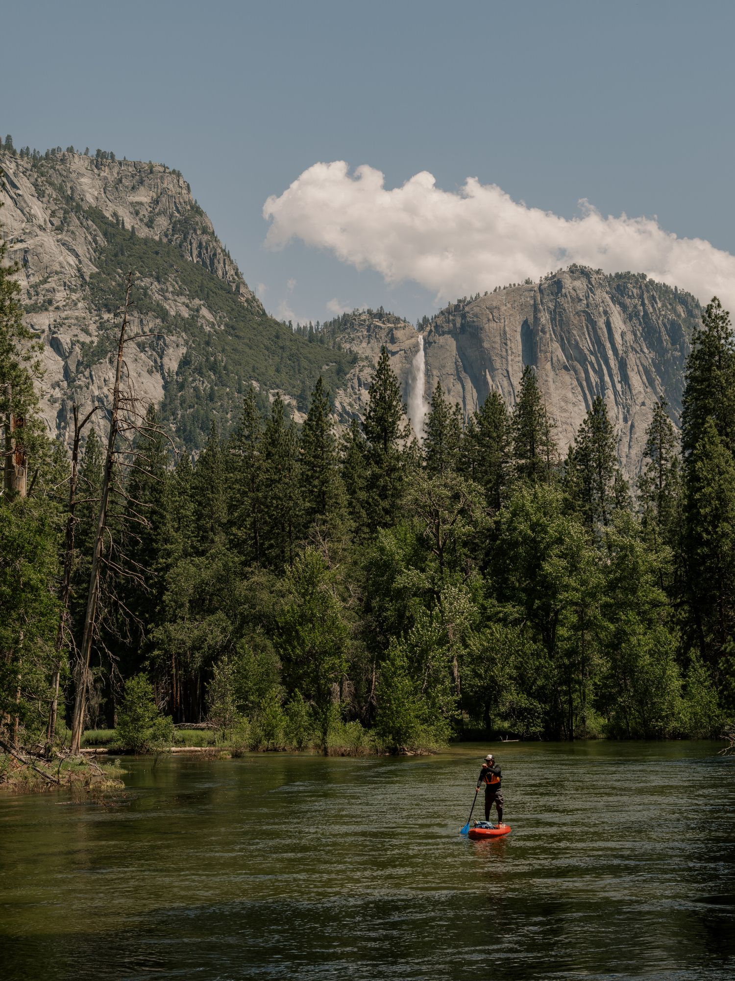 A paddleboarder glides along the Merced River beneath towering granite cliffs and waterfalls in Yosemite National Park.