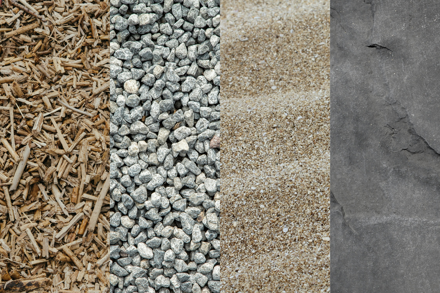 Four different ground textures including mulch, gravel, sand, and concrete shown in vertical strips side by side.