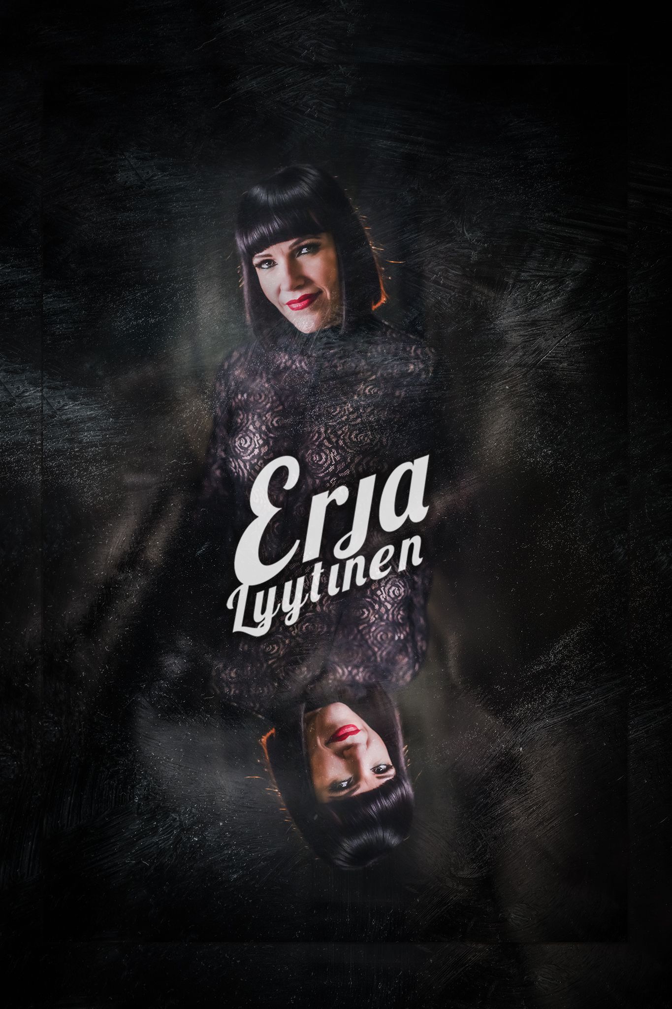 Dark artistic portrait with mirrored reflection effect showing gothic style text reading 'Erja Lyytinen' on textured background.