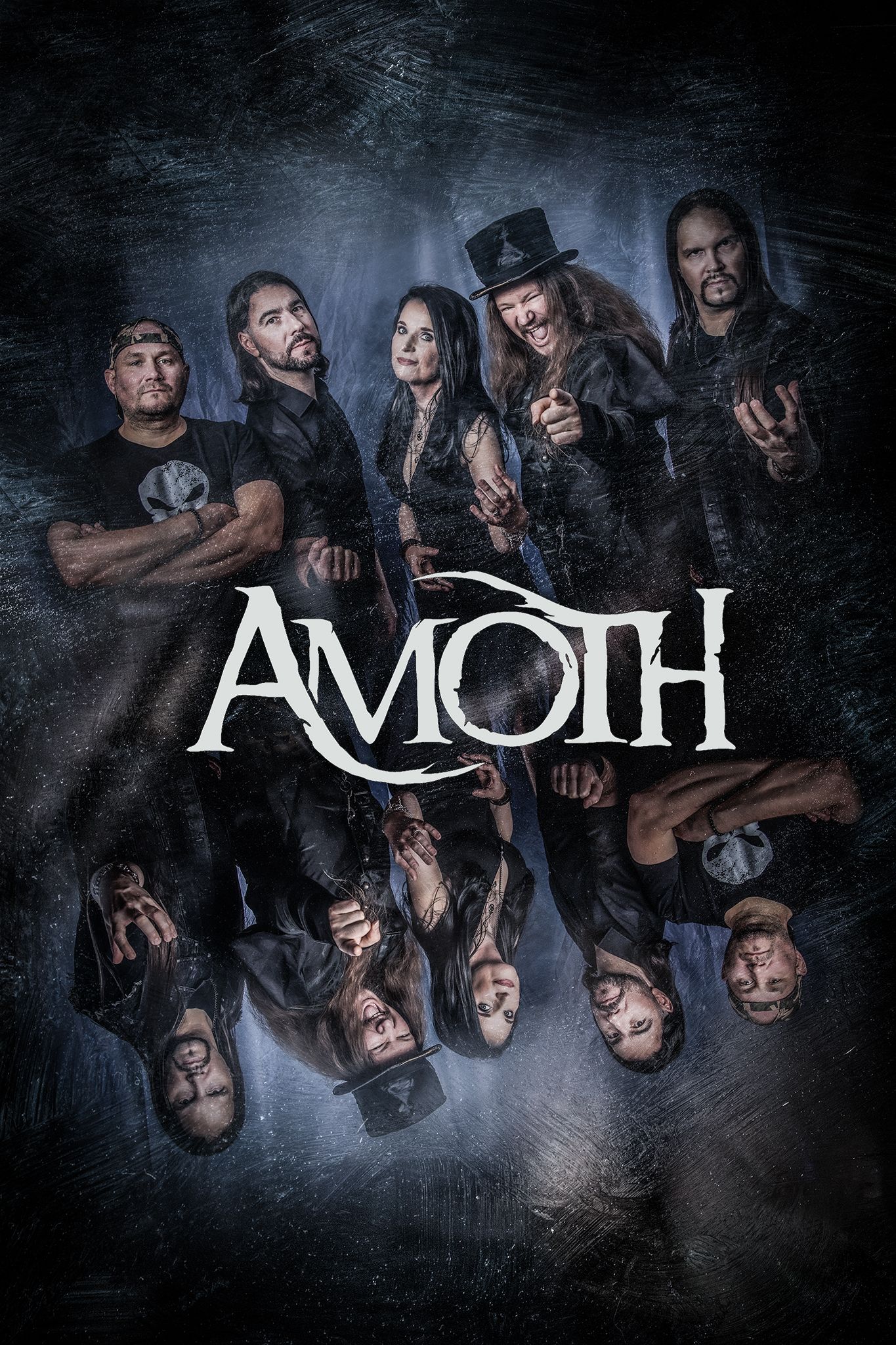 Dark promotional photo of metal band Amoth featuring five members in black clothing with a mirrored reflection effect.