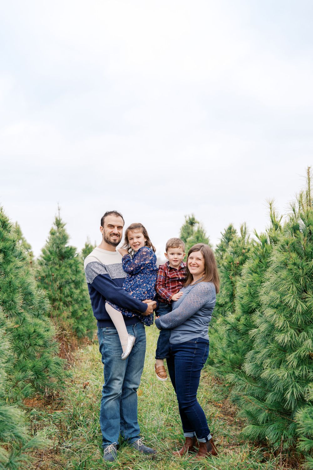 A family of four poses together between rows of evergreen trees at a Christmas tree farm.