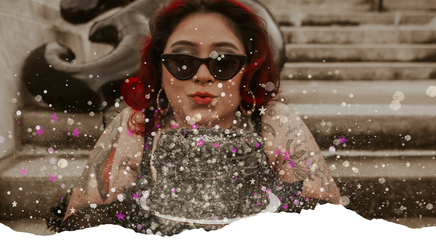 A dreamy vintage-style portrait with sparkling glitter effects and retro styling.