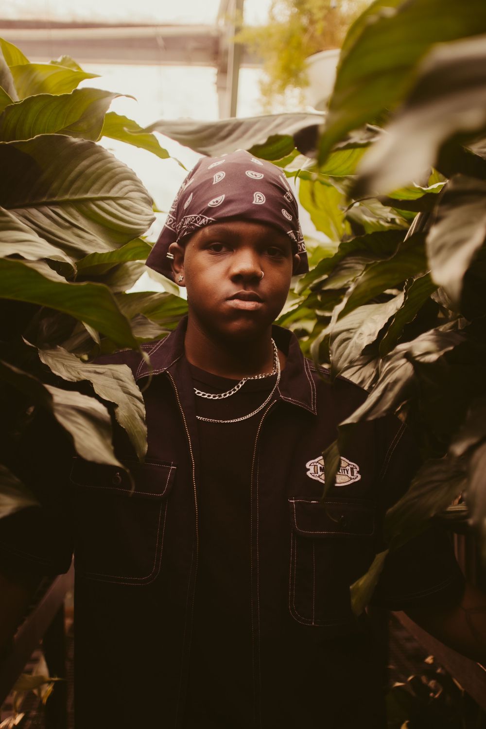 Figure in black jacket and bandana stands surrounded by large green leaves in a greenhouse.