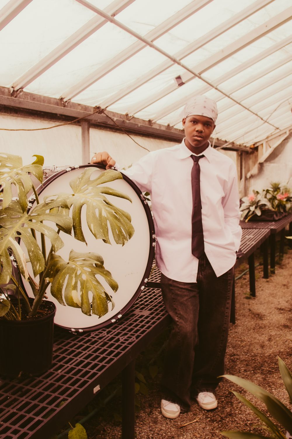 Well-dressed individual stands near large monstera plants in a sunny greenhouse setting.